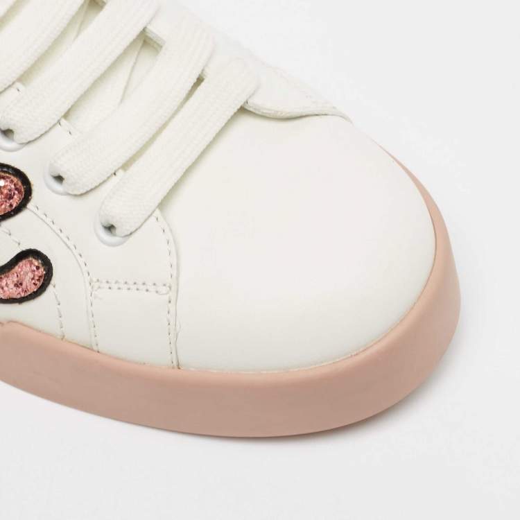 Pre Owned Dolce & Gabbana White Leather Love Applique Portofino Low Top Sneakers Size 39