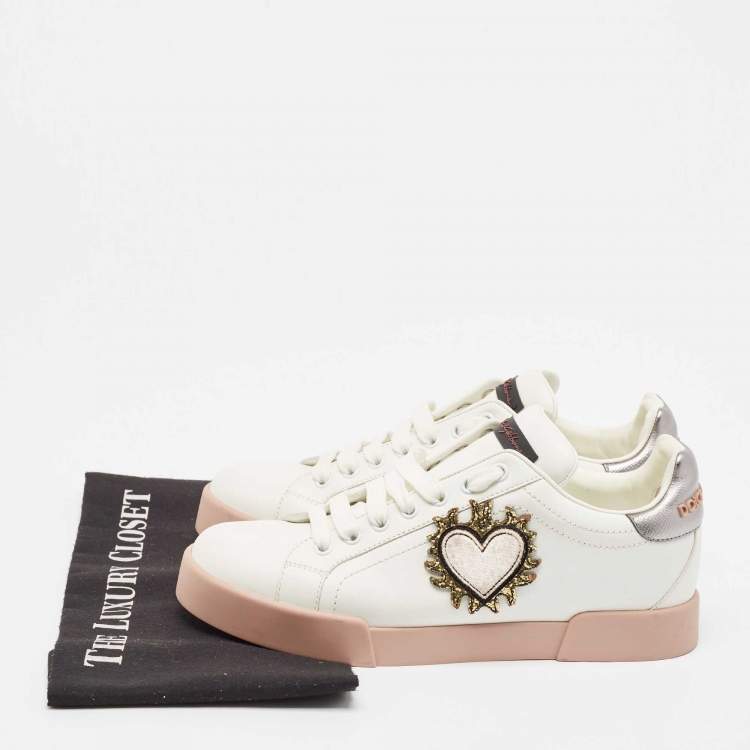 Pre Owned Dolce & Gabbana White Leather Love Applique Portofino Low Top Sneakers Size 39