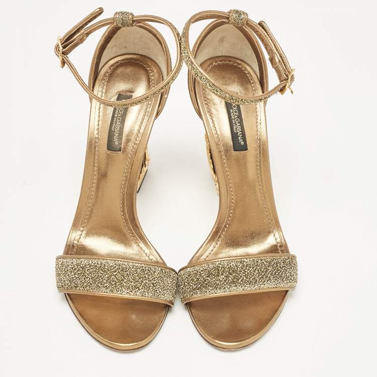 Pre Owned Dolce & Gabbana Gold Lurex Fabric Barocco Sculpture Heel Sandals Size 37
