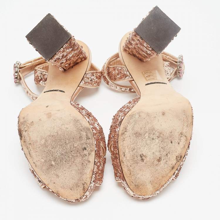 Pre Owned Dolce & Gabbana Gold Leather and Sequins Platform Sandals Size 39