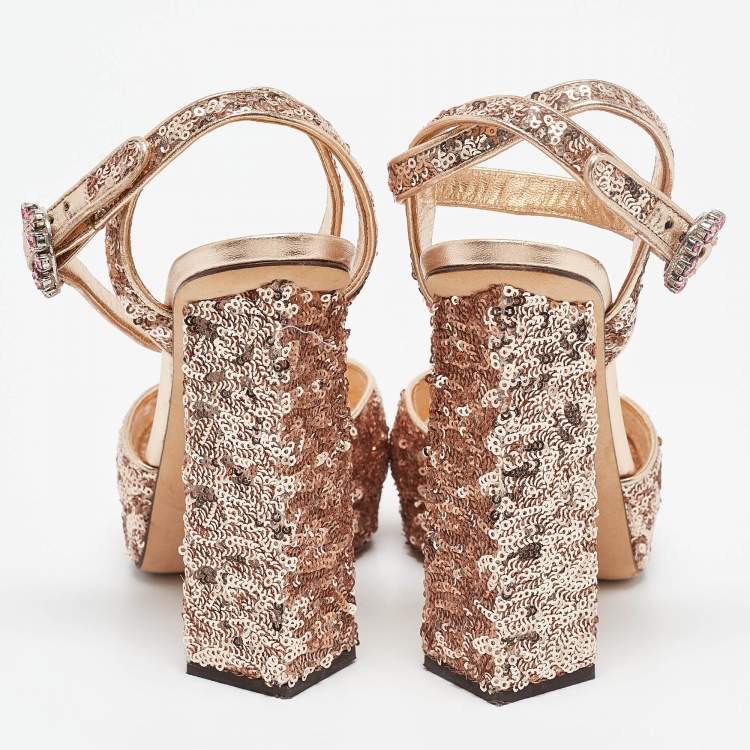 Pre Owned Dolce & Gabbana Gold Leather and Sequins Platform Sandals Size 39
