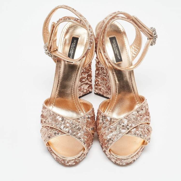 Pre Owned Dolce & Gabbana Gold Leather and Sequins Platform Sandals Size 39