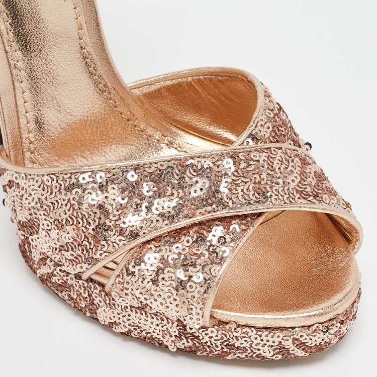 Pre Owned Dolce & Gabbana Gold Leather and Sequins Platform Sandals Size 39