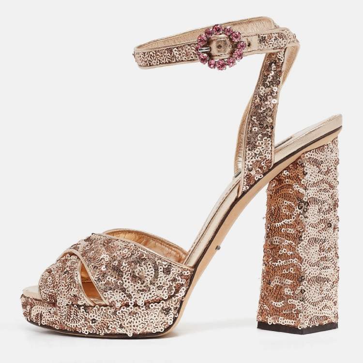 Pre Owned Dolce & Gabbana Gold Leather and Sequins Platform Sandals Size 39