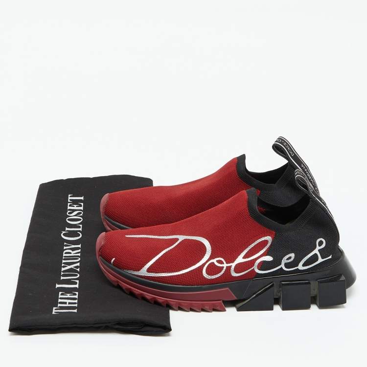 Pre Owned Dolce & Gabbana Red/Black Knit Fabric Sorrento Slip On Sneakers Size 36