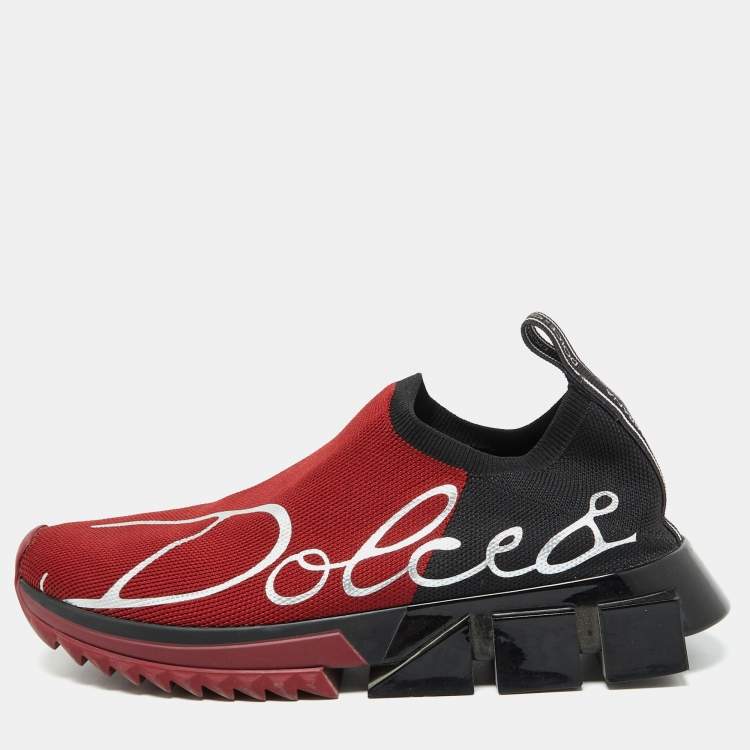 Pre Owned Dolce & Gabbana Red/Black Knit Fabric Sorrento Slip On Sneakers Size 36