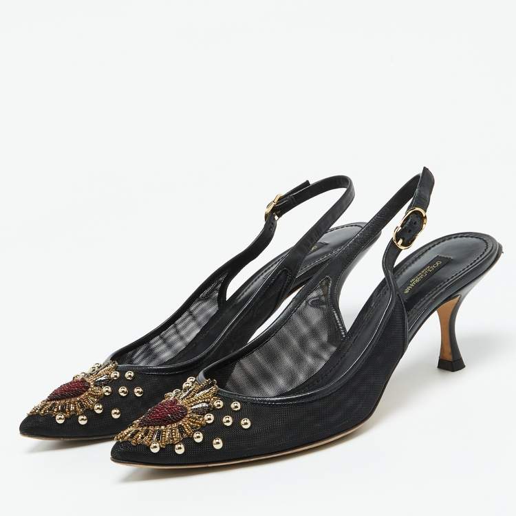 مملوكة مسبقًا Dolce & Gabbana Black Leather and Mesh Lori Embellished Slingback Pumps Size 40