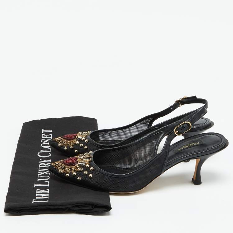 مملوكة مسبقًا Dolce & Gabbana Black Leather and Mesh Lori Embellished Slingback Pumps Size 40