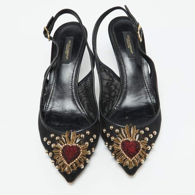 مملوكة مسبقًا Dolce & Gabbana Black Leather and Mesh Lori Embellished Slingback Pumps Size 40