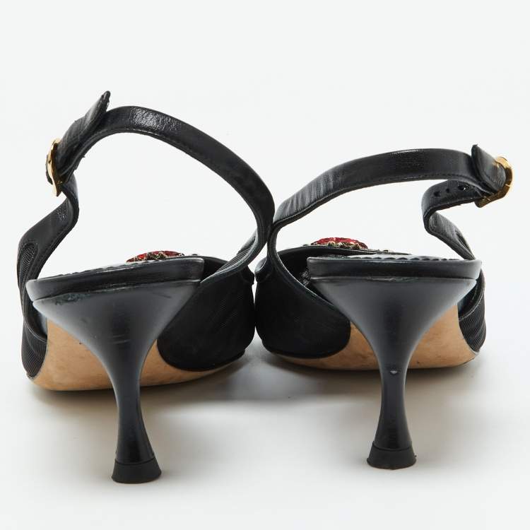 مملوكة مسبقًا Dolce & Gabbana Black Leather and Mesh Lori Embellished Slingback Pumps Size 40