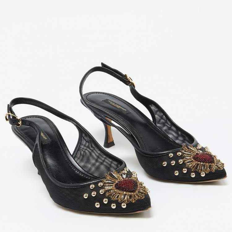مملوكة مسبقًا Dolce & Gabbana Black Leather and Mesh Lori Embellished Slingback Pumps Size 40