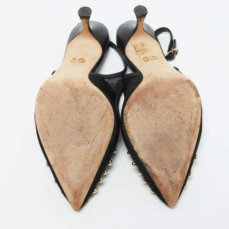 مملوكة مسبقًا Dolce & Gabbana Black Leather and Mesh Lori Embellished Slingback Pumps Size 40