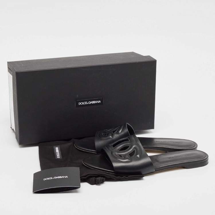 Pre Owned Dolce & Gabbana Black Leather DG Laser Cut Slide Flat Sandals Size 38.5