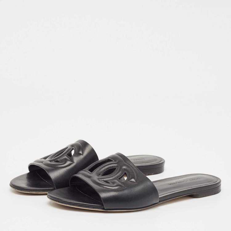 Pre Owned Dolce & Gabbana Black Leather DG Laser Cut Slide Flat Sandals Size 38.5
