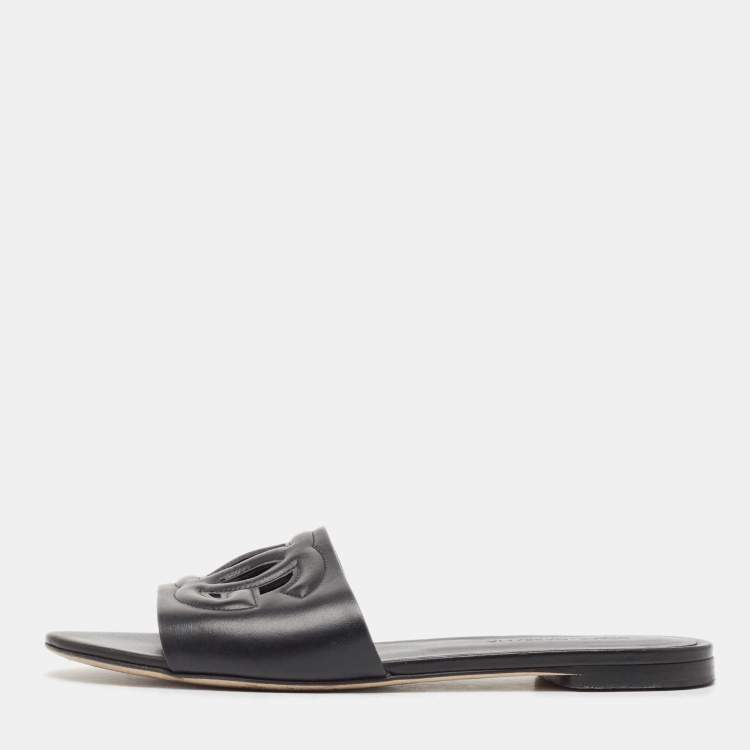 Pre Owned Dolce & Gabbana Black Leather DG Laser Cut Slide Flat Sandals Size 38.5