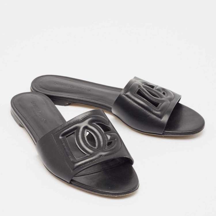 Pre Owned Dolce & Gabbana Black Leather DG Laser Cut Slide Flat Sandals Size 38.5