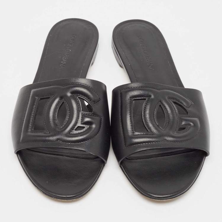 Pre Owned Dolce & Gabbana Black Leather DG Laser Cut Slide Flat Sandals Size 38.5