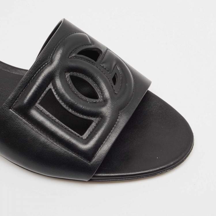 Pre Owned Dolce & Gabbana Black Leather DG Laser Cut Slide Flat Sandals Size 38.5