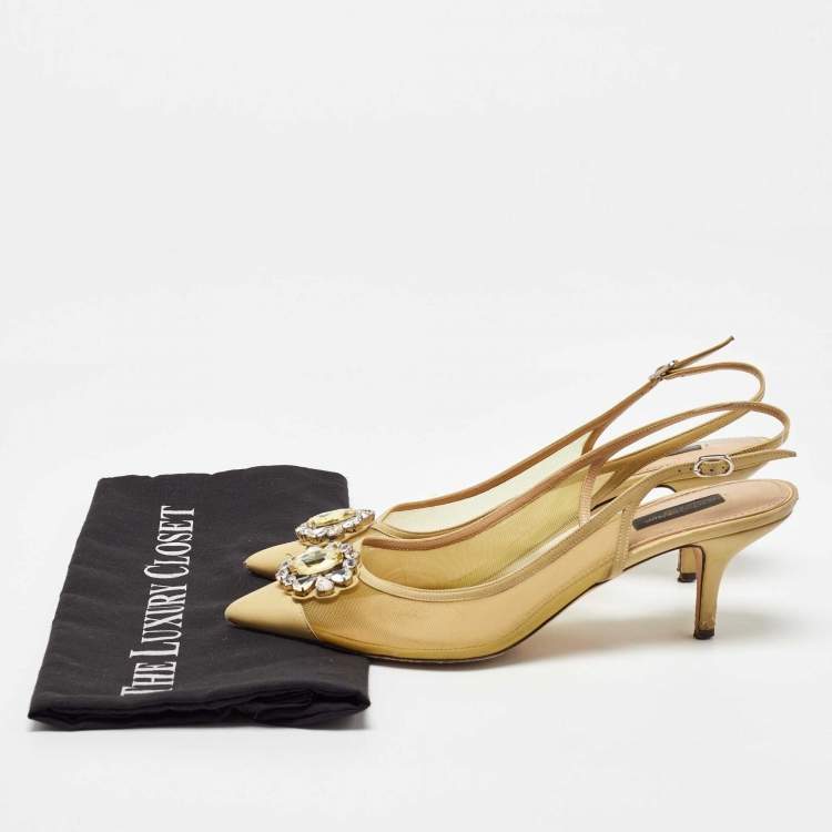 Pre Owned Dolce & Gabbana Yellow Mesh and Leather Crystal Embellished Slingback Pumps Size 39 