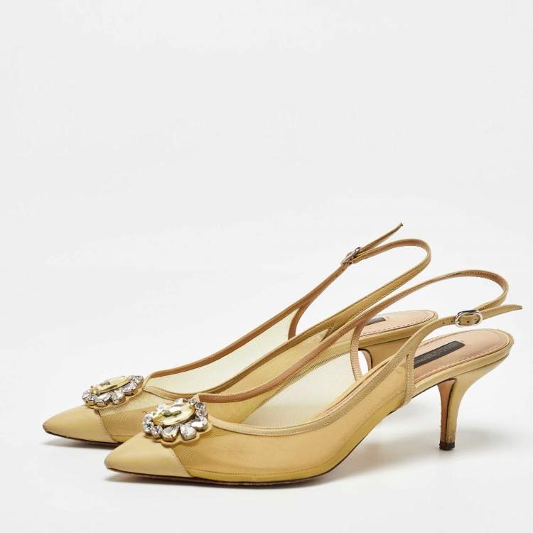 Pre Owned Dolce & Gabbana Yellow Mesh and Leather Crystal Embellished Slingback Pumps Size 39 