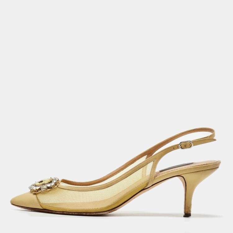 Pre Owned Dolce & Gabbana Yellow Mesh and Leather Crystal Embellished Slingback Pumps Size 39 