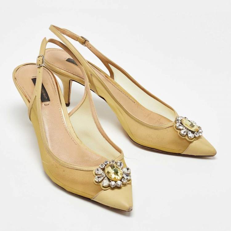 Pre Owned Dolce & Gabbana Yellow Mesh and Leather Crystal Embellished Slingback Pumps Size 39 
