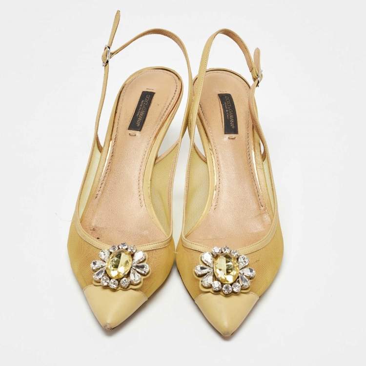 Pre Owned Dolce & Gabbana Yellow Mesh and Leather Crystal Embellished Slingback Pumps Size 39 