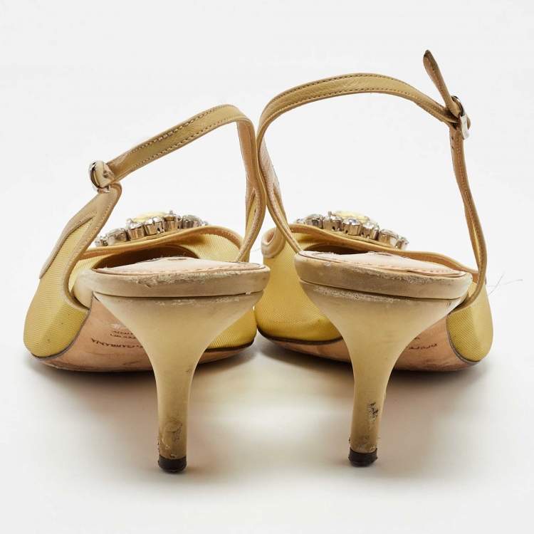 Pre Owned Dolce & Gabbana Yellow Mesh and Leather Crystal Embellished Slingback Pumps Size 39 