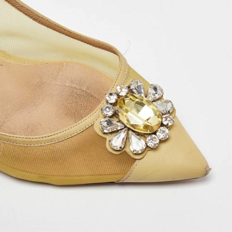Pre Owned Dolce & Gabbana Yellow Mesh and Leather Crystal Embellished Slingback Pumps Size 39 