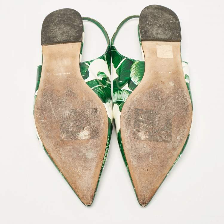 Pre Owned Dolce & Gabbana Green/White Leaves Print Patent Leather Slingback Flats Size 38.5
