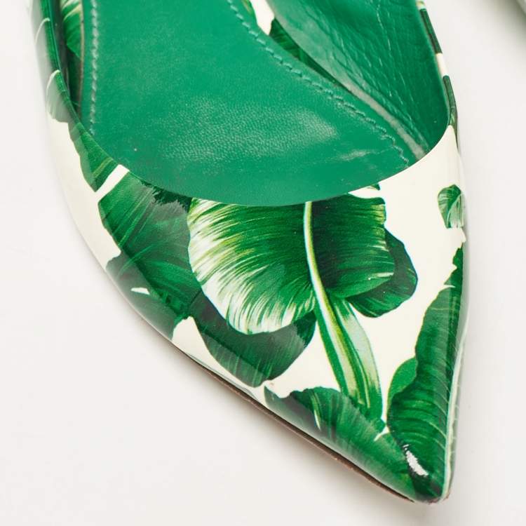 Pre Owned Dolce & Gabbana Green/White Leaves Print Patent Leather Slingback Flats Size 38.5