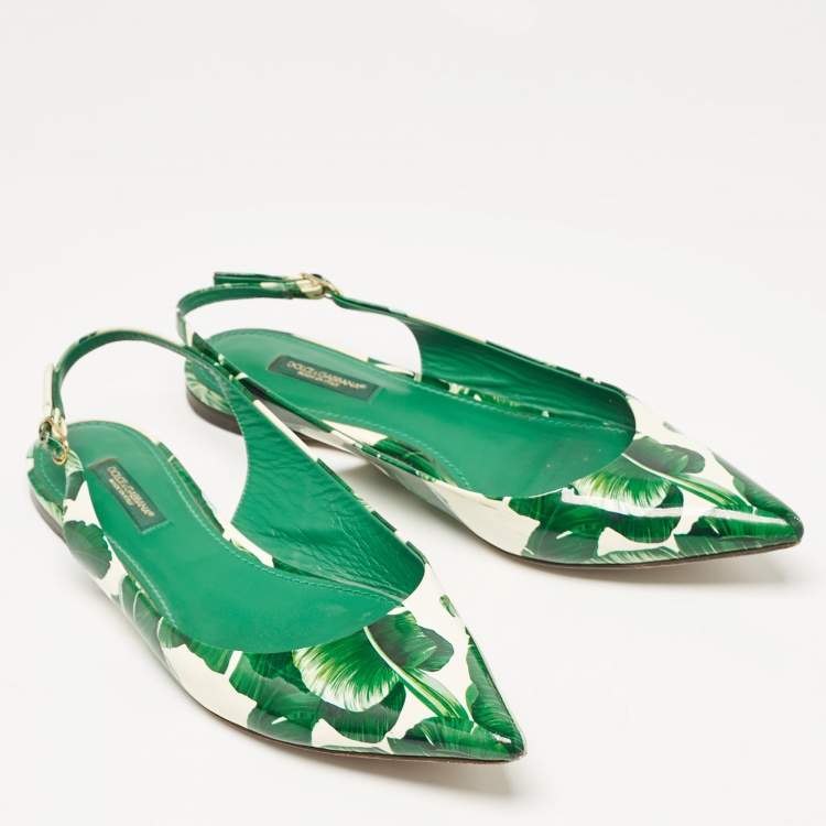 Pre Owned Dolce & Gabbana Green/White Leaves Print Patent Leather Slingback Flats Size 38.5