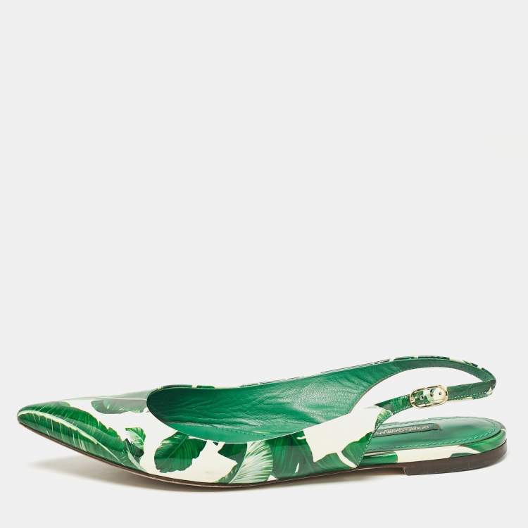 Pre Owned Dolce & Gabbana Green/White Leaves Print Patent Leather Slingback Flats Size 38.5