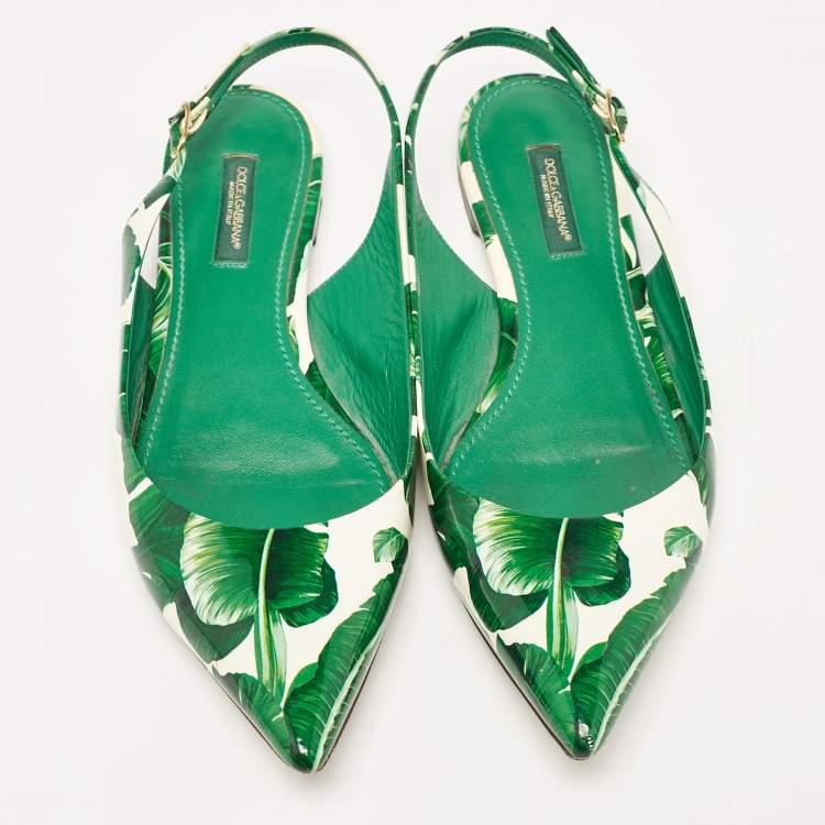 Pre Owned Dolce & Gabbana Green/White Leaves Print Patent Leather Slingback Flats Size 38.5