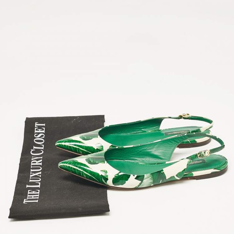 Pre Owned Dolce & Gabbana Green/White Leaves Print Patent Leather Slingback Flats Size 38.5