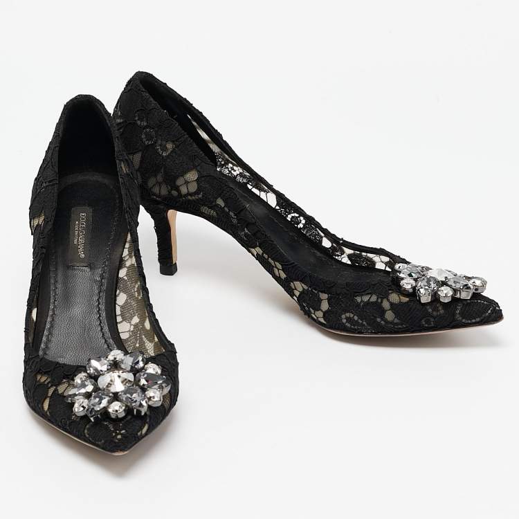 Pre Owned Dolce & Gabbana Black Lace and Mesh Bellucci Pumps Size 36.5