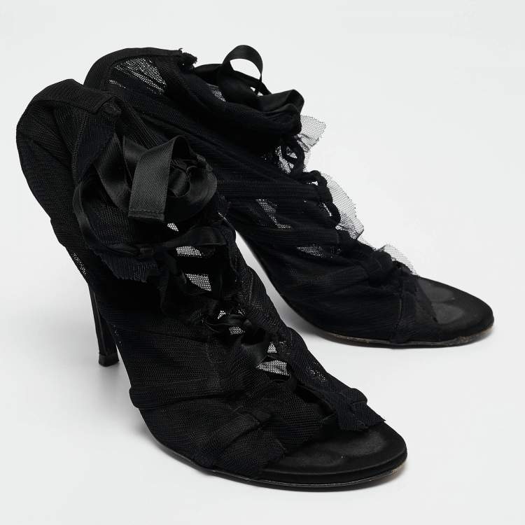 Pre Owned Dolce & Gabbana Black Mesh and Satin Lace Up Peep Toe Booties Size 40
