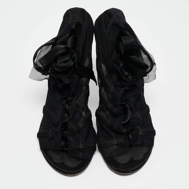 Pre Owned Dolce & Gabbana Black Mesh and Satin Lace Up Peep Toe Booties Size 40
