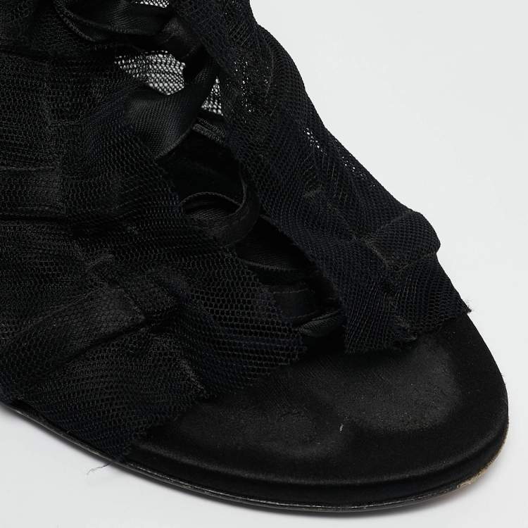 Pre Owned Dolce & Gabbana Black Mesh and Satin Lace Up Peep Toe Booties Size 40