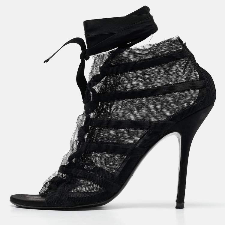 Pre Owned Dolce & Gabbana Black Mesh and Satin Lace Up Peep Toe Booties Size 40