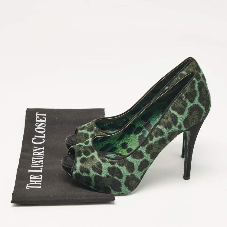 Pre Owned Dolce & Gabbana Green Calf Hair Peep Toe Pumps Size 37.5