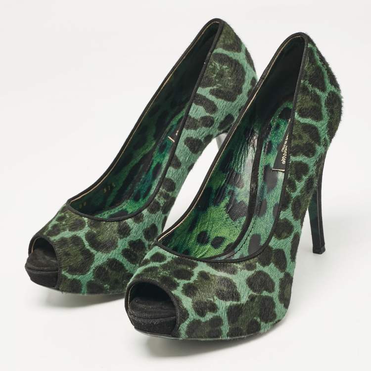 Pre Owned Dolce & Gabbana Green Calf Hair Peep Toe Pumps Size 37.5