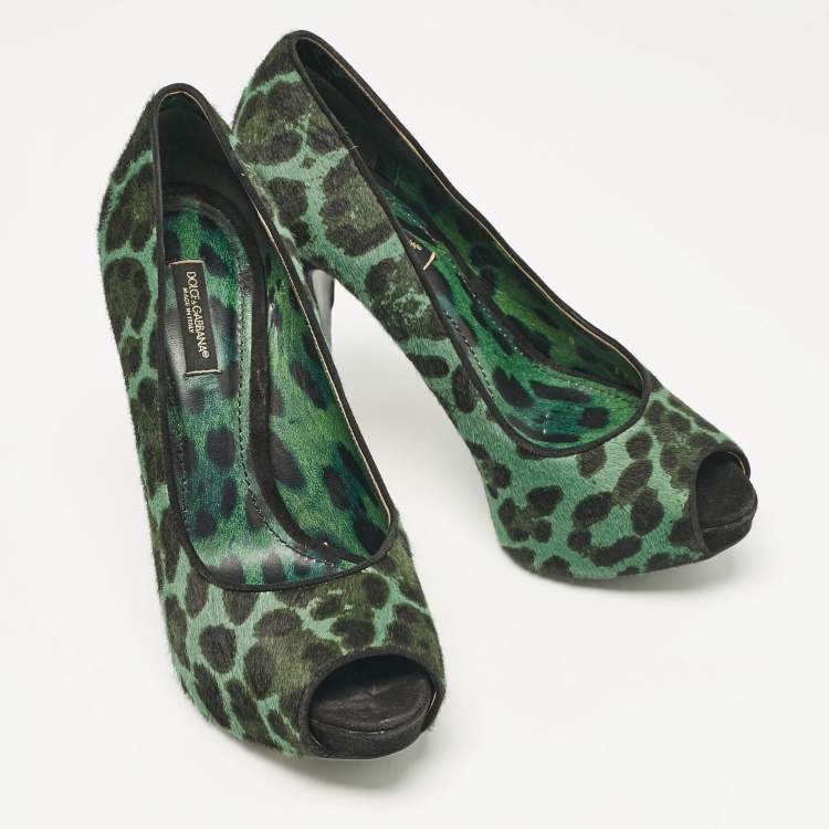 Pre Owned Dolce & Gabbana Green Calf Hair Peep Toe Pumps Size 37.5