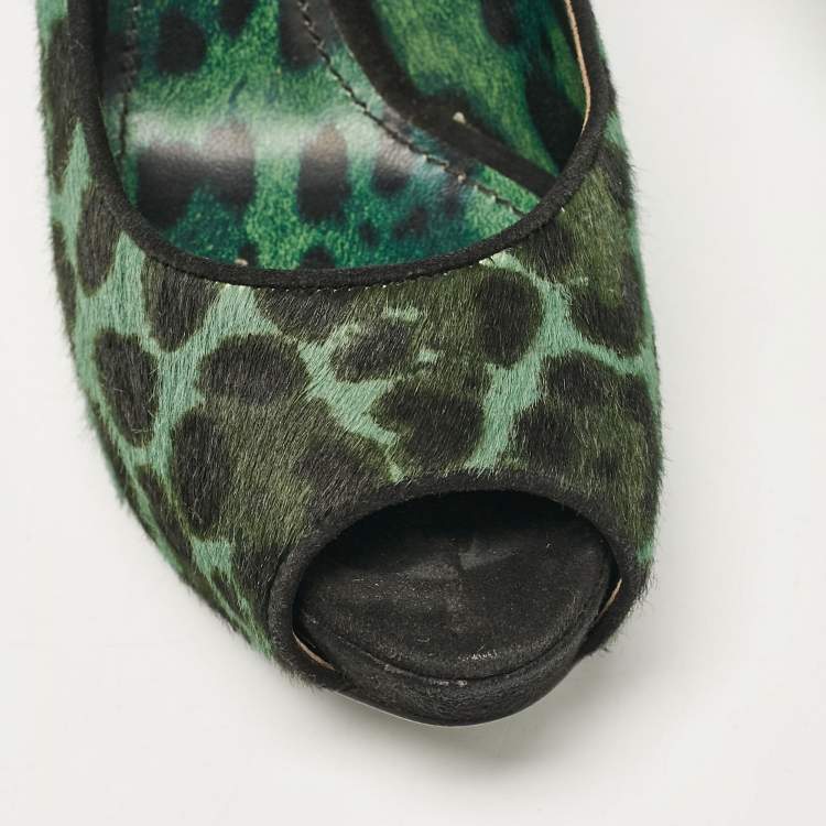 Pre Owned Dolce & Gabbana Green Calf Hair Peep Toe Pumps Size 37.5