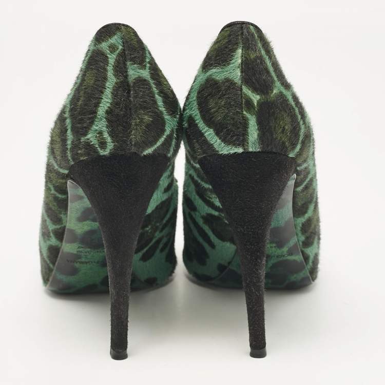 Pre Owned Dolce & Gabbana Green Calf Hair Peep Toe Pumps Size 37.5