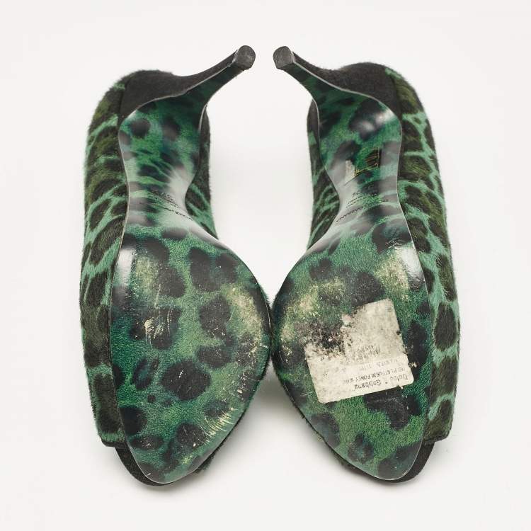 Pre Owned Dolce & Gabbana Green Calf Hair Peep Toe Pumps Size 37.5