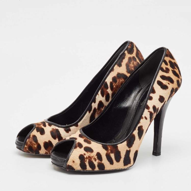 Pre Owned Dolce & Gabbana Brown/Beige Calf Hair and Suede Peep Toe Pumps Size 38.5