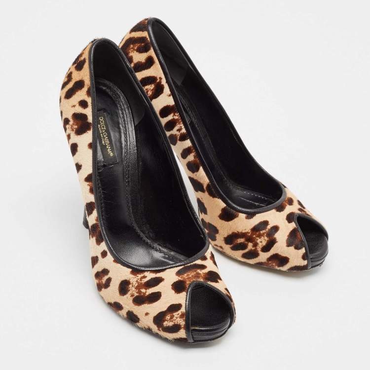 Pre Owned Dolce & Gabbana Brown/Beige Calf Hair and Suede Peep Toe Pumps Size 38.5