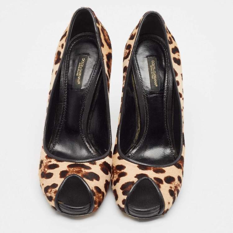 Pre Owned Dolce & Gabbana Brown/Beige Calf Hair and Suede Peep Toe Pumps Size 38.5
