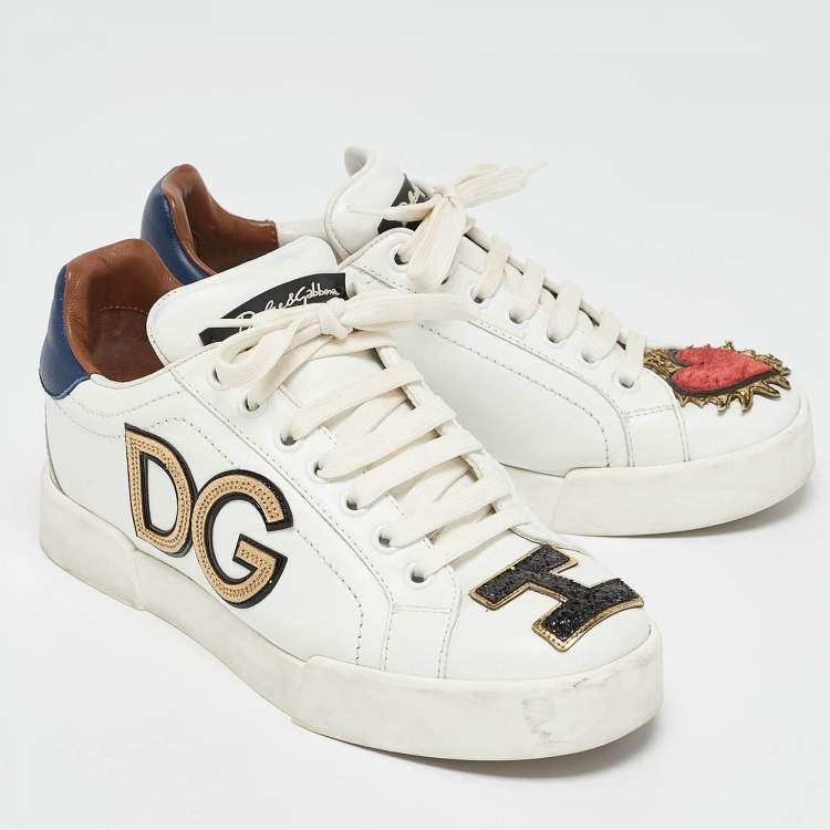 Pre Owned Dolce & Gabbana White Leather Portofino Sacred Heart Sneakers Size 35